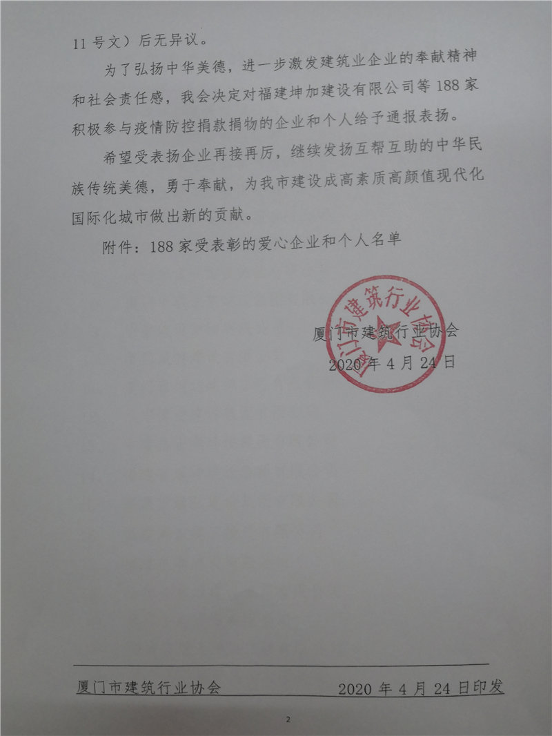 廈門市建筑行業(yè)協會對新冠肺炎疫情捐款捐物的企業(yè)給予通報表揚